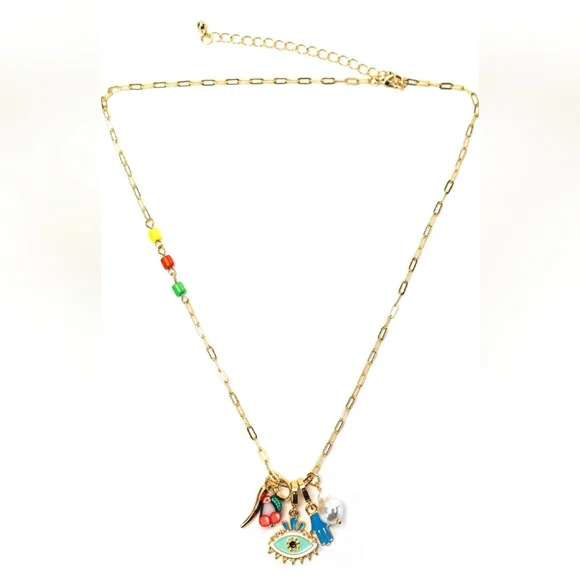 Pendant Necklace With Italian Horn Evil Eye Hand and Foot Pearls - Picture 2 of 3